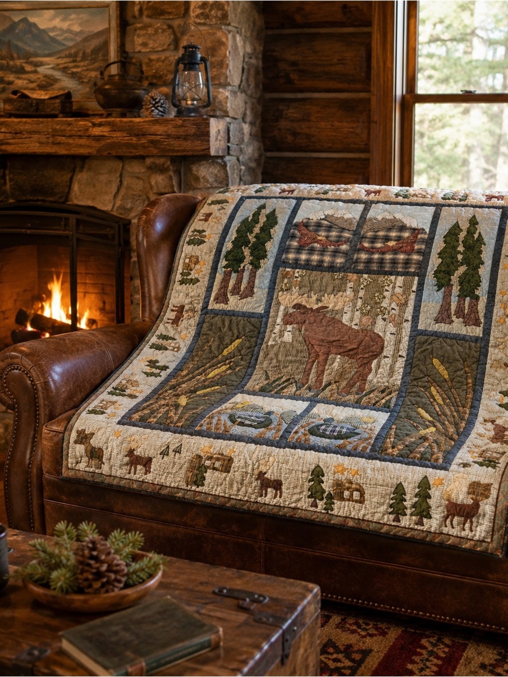Rustic Lodge Moose Duck Applique Quilt 52x62 Cabin Woodland Wildlife Throw